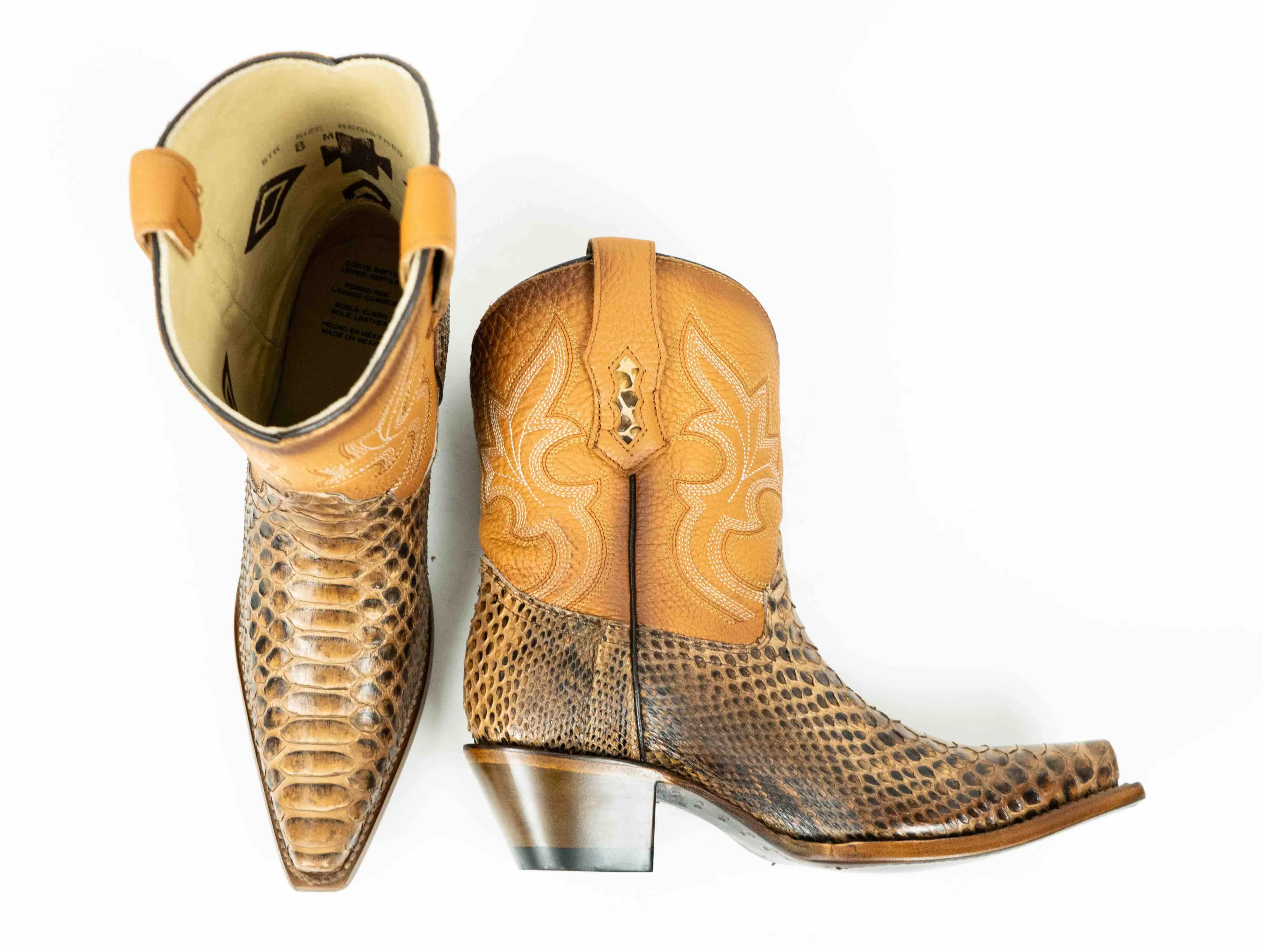 Cognac Python Snip Toe Western Booties