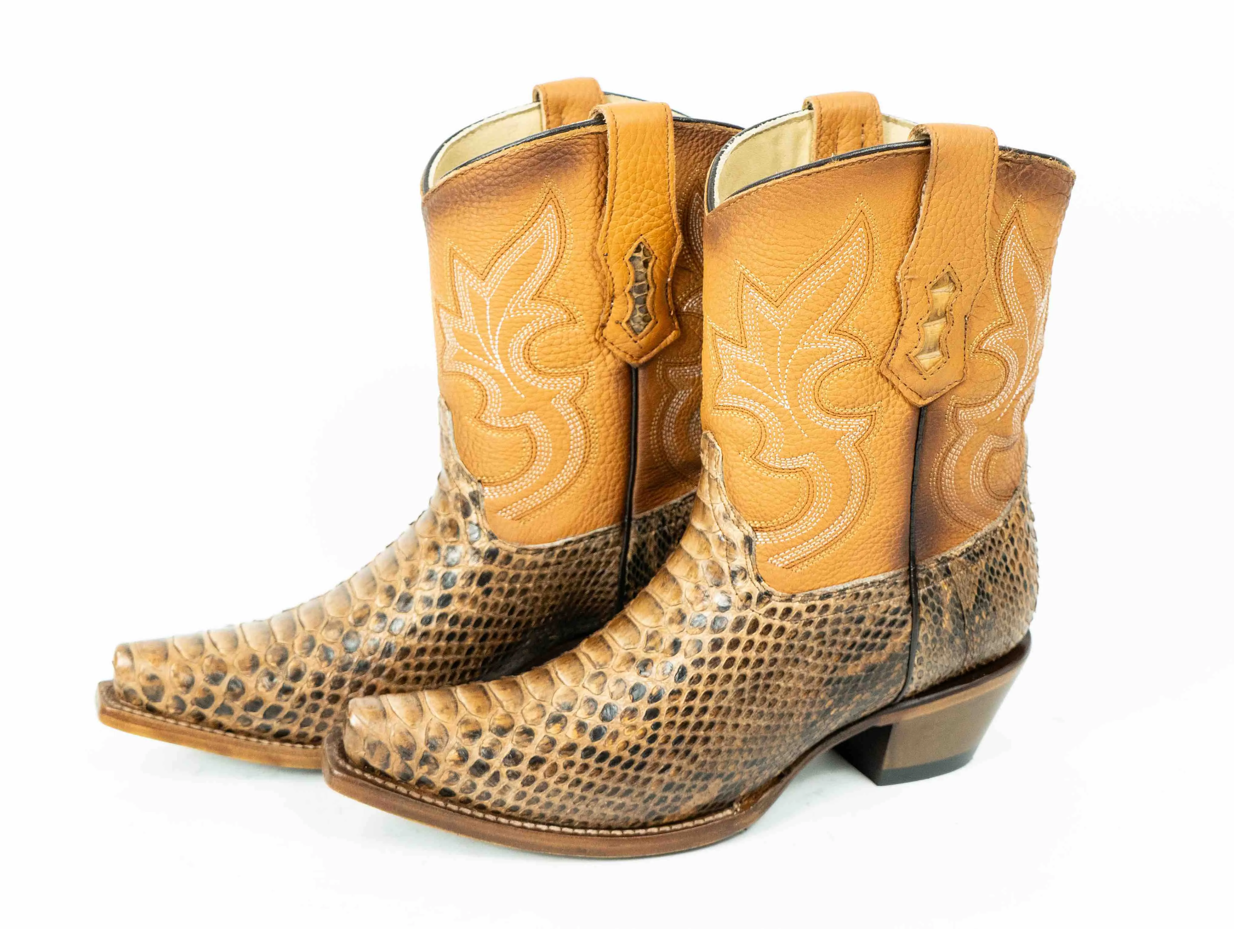 Cognac Python Snip Toe Western Booties