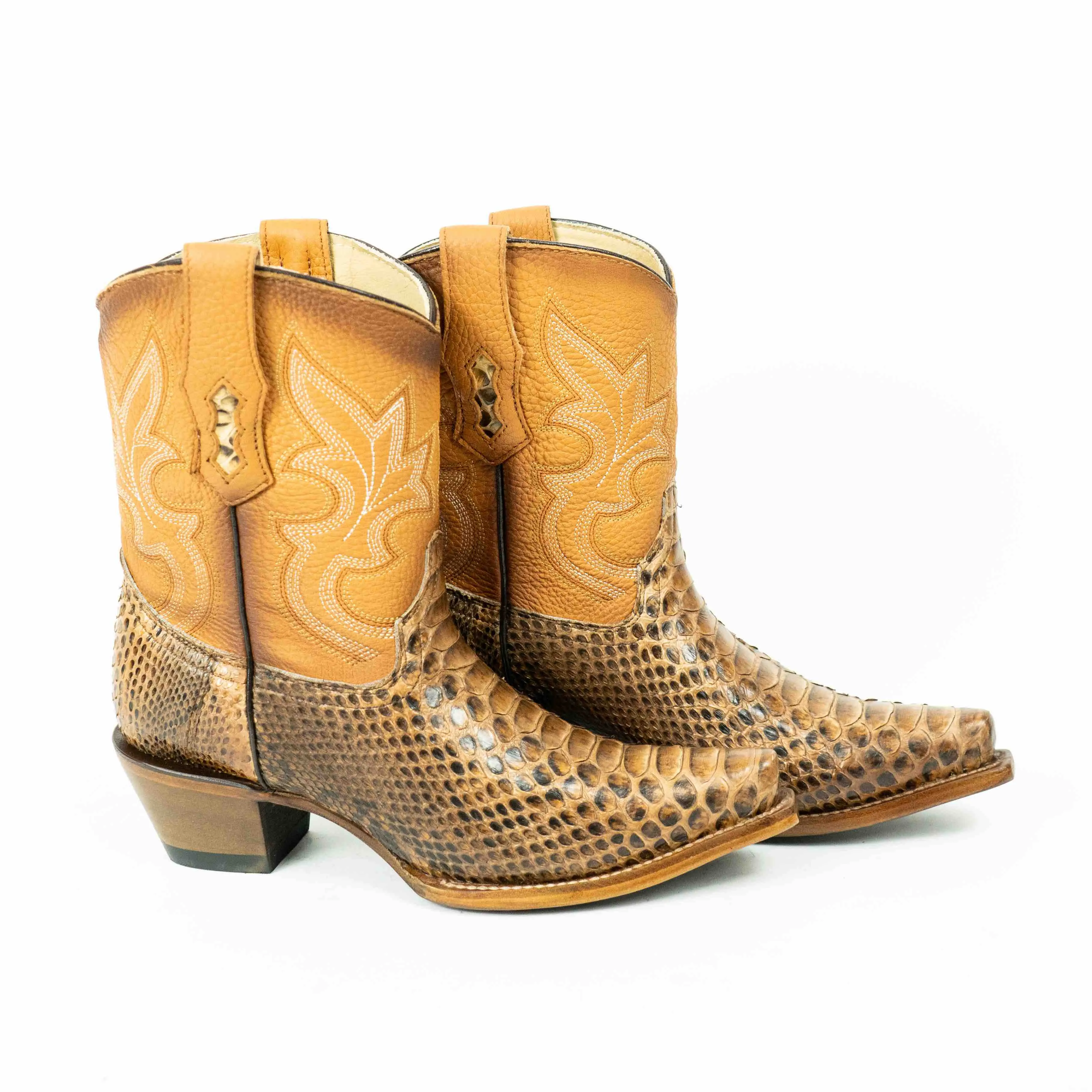 Cognac Python Snip Toe Western Booties
