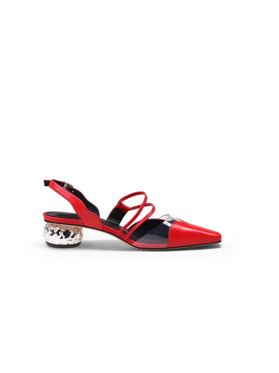 Double Strap-Detail Low Heel Point Toe Leather D'Orsay Pumps Sandals- Red