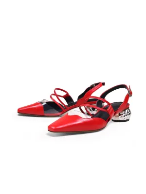 Double Strap-Detail Low Heel Point Toe Leather D'Orsay Pumps Sandals- Red