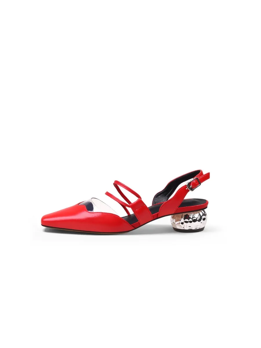 Double Strap-Detail Low Heel Point Toe Leather D'Orsay Pumps Sandals- Red
