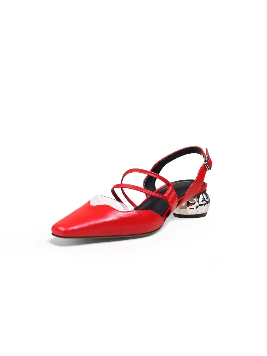 Double Strap-Detail Low Heel Point Toe Leather D'Orsay Pumps Sandals- Red