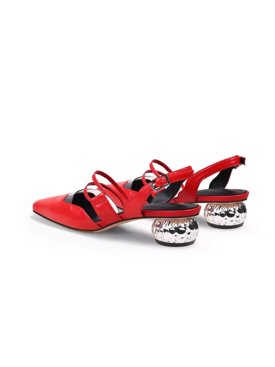 Double Strap-Detail Low Heel Point Toe Leather D'Orsay Pumps Sandals- Red