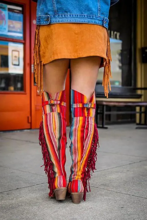 Fire Red Serape Fringe Boots