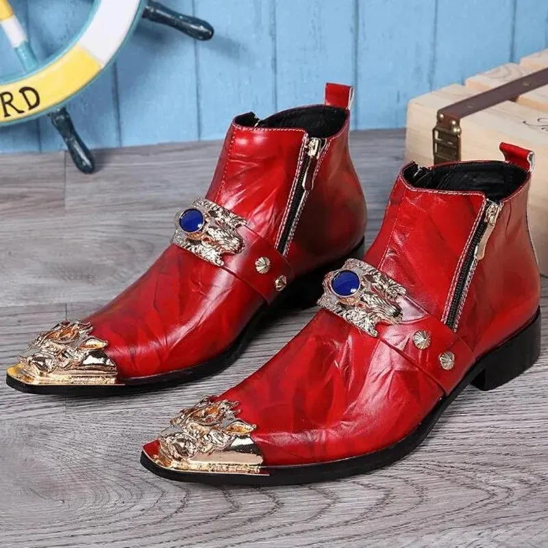 Gold Metal Toe Ankle Boots for Men Genuine Leather Winter Ridding Boots