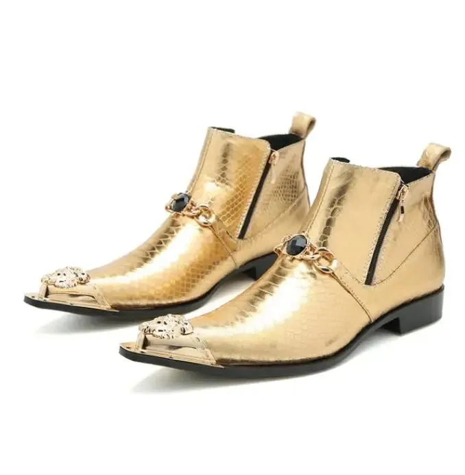 Gold Metal Toe Ankle Boots for Men Genuine Leather Winter Ridding Boots