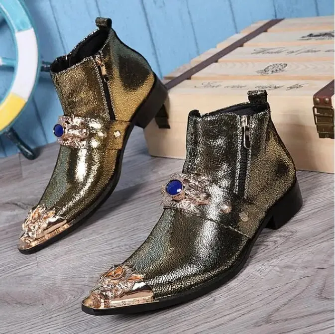 Gold Metal Toe Ankle Boots for Men Genuine Leather Winter Ridding Boots