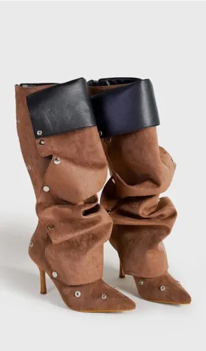 Isabela Appliqué Ruched  Knee-high boots - Brown