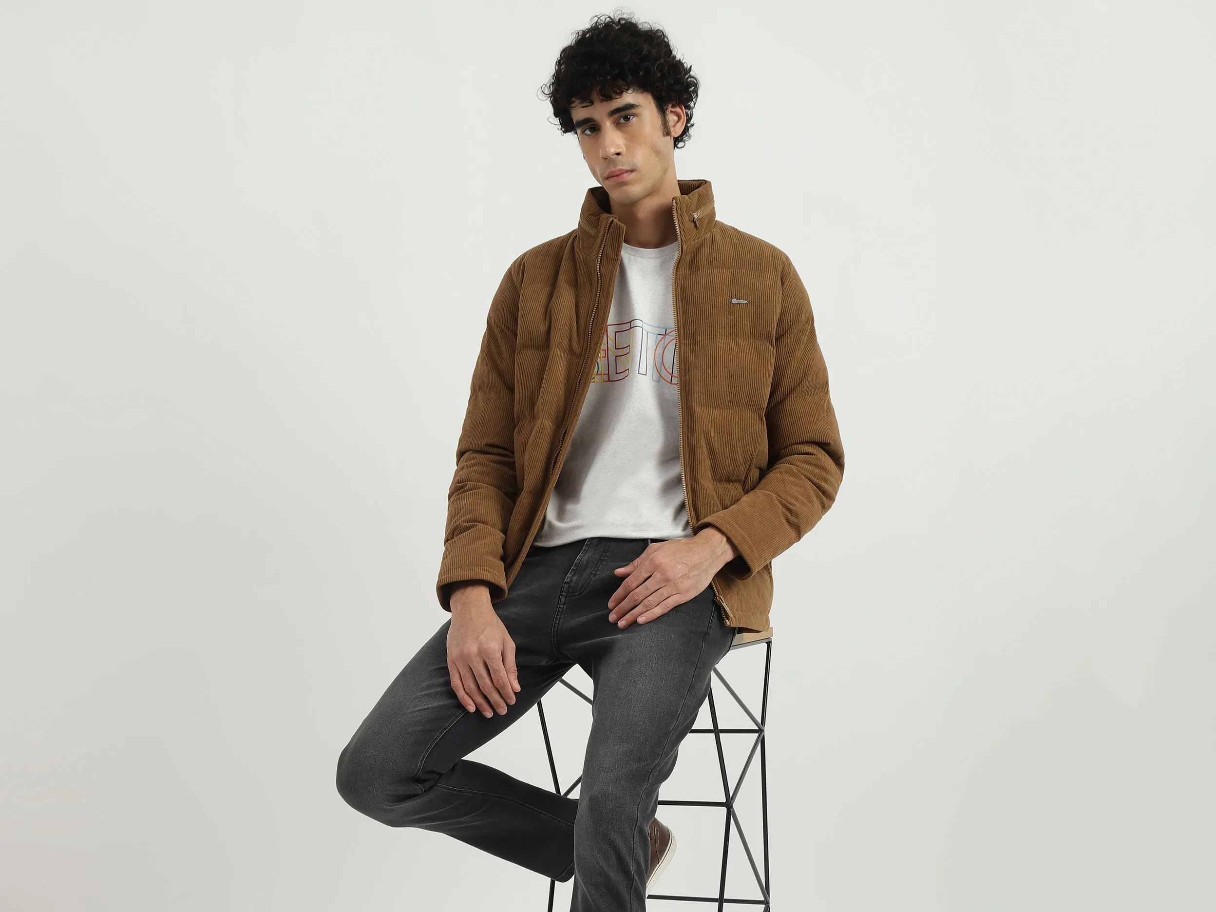 Men Ribbed High Neck Jacket
