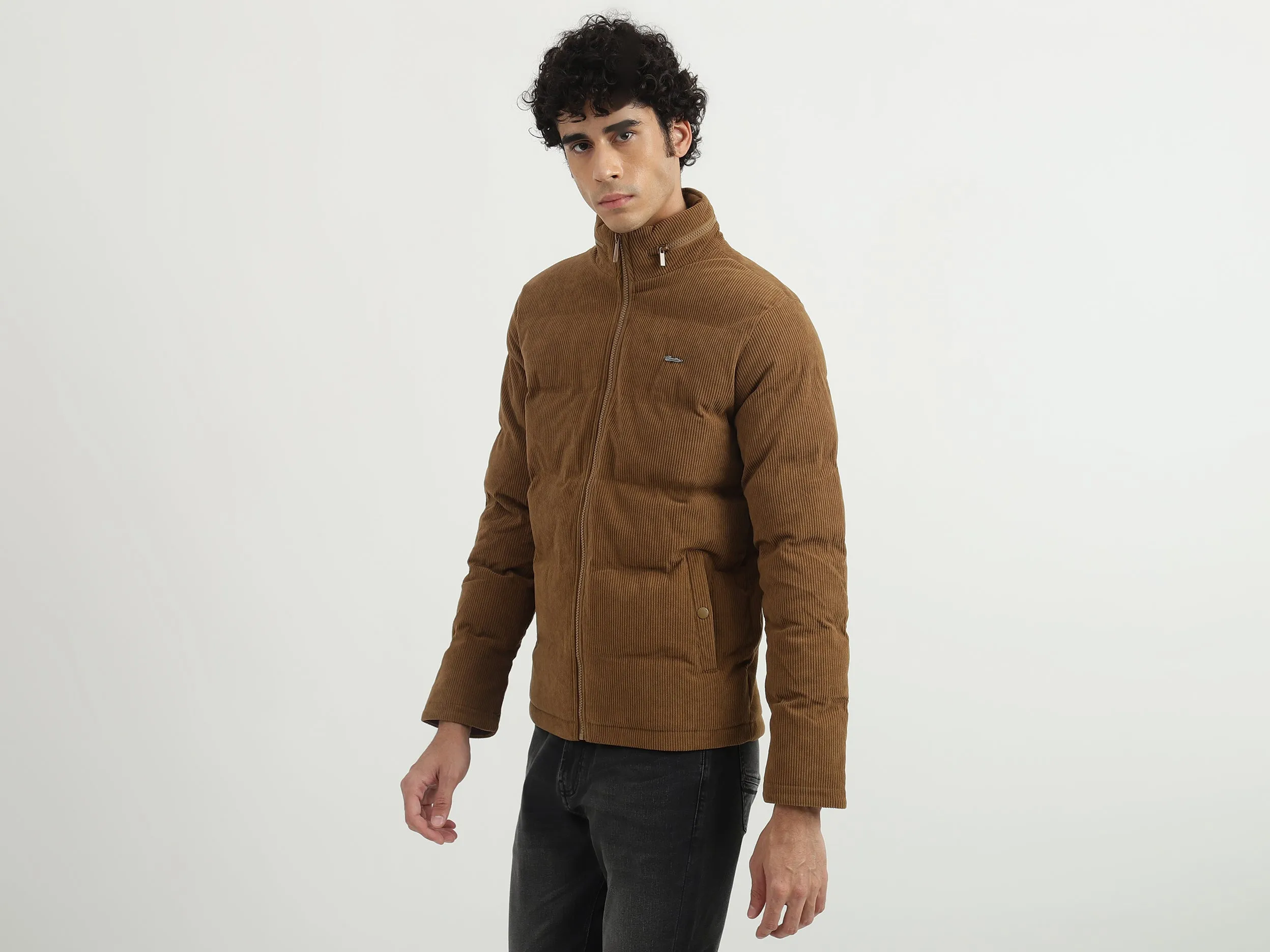 Men Ribbed High Neck Jacket