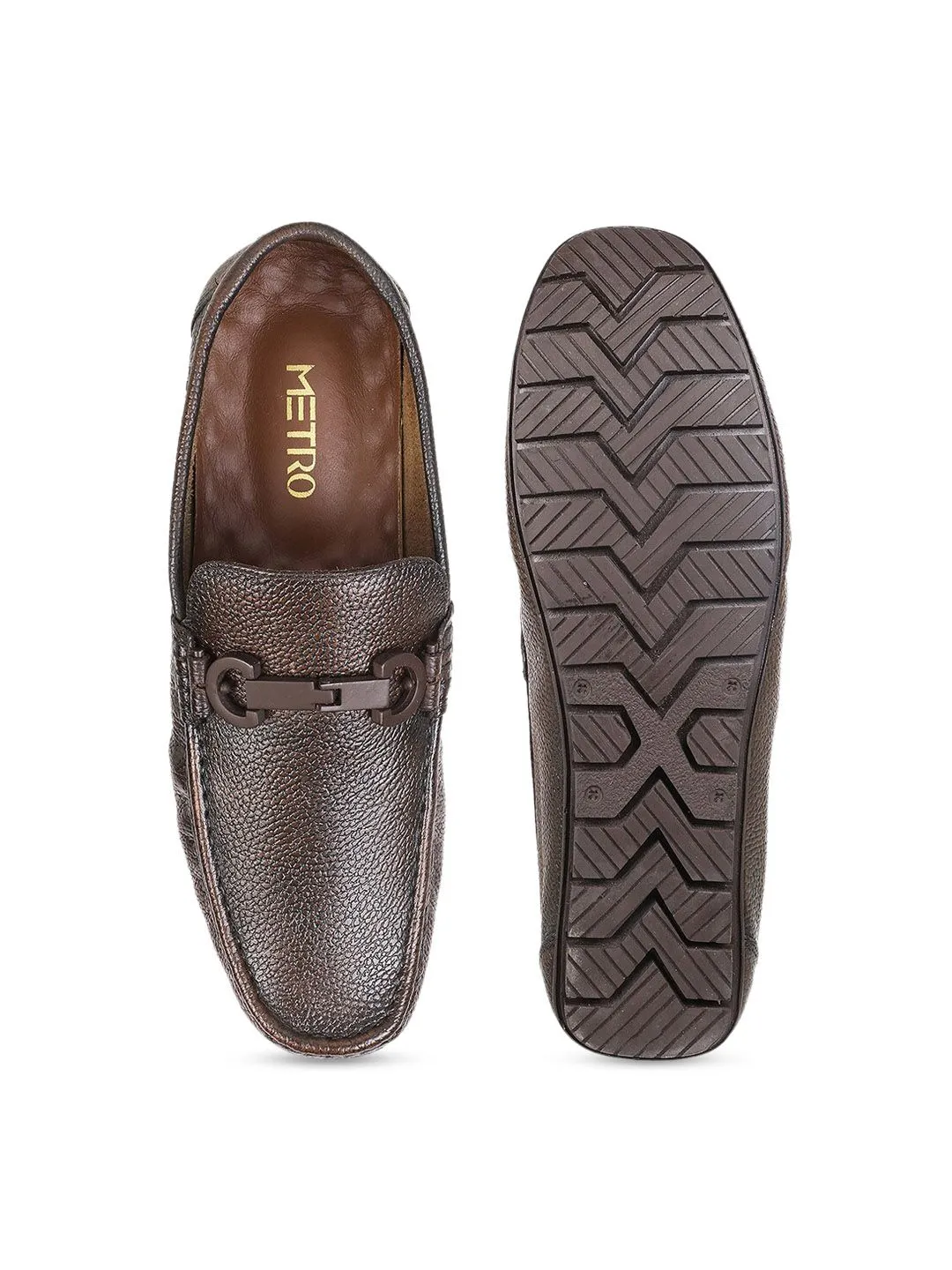 Metro Men Textured Embellished Comfort Insole Leather Horsebit Loafers