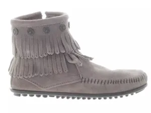 Minnetonka Women's Double Fringe Side Zip Grey Booties