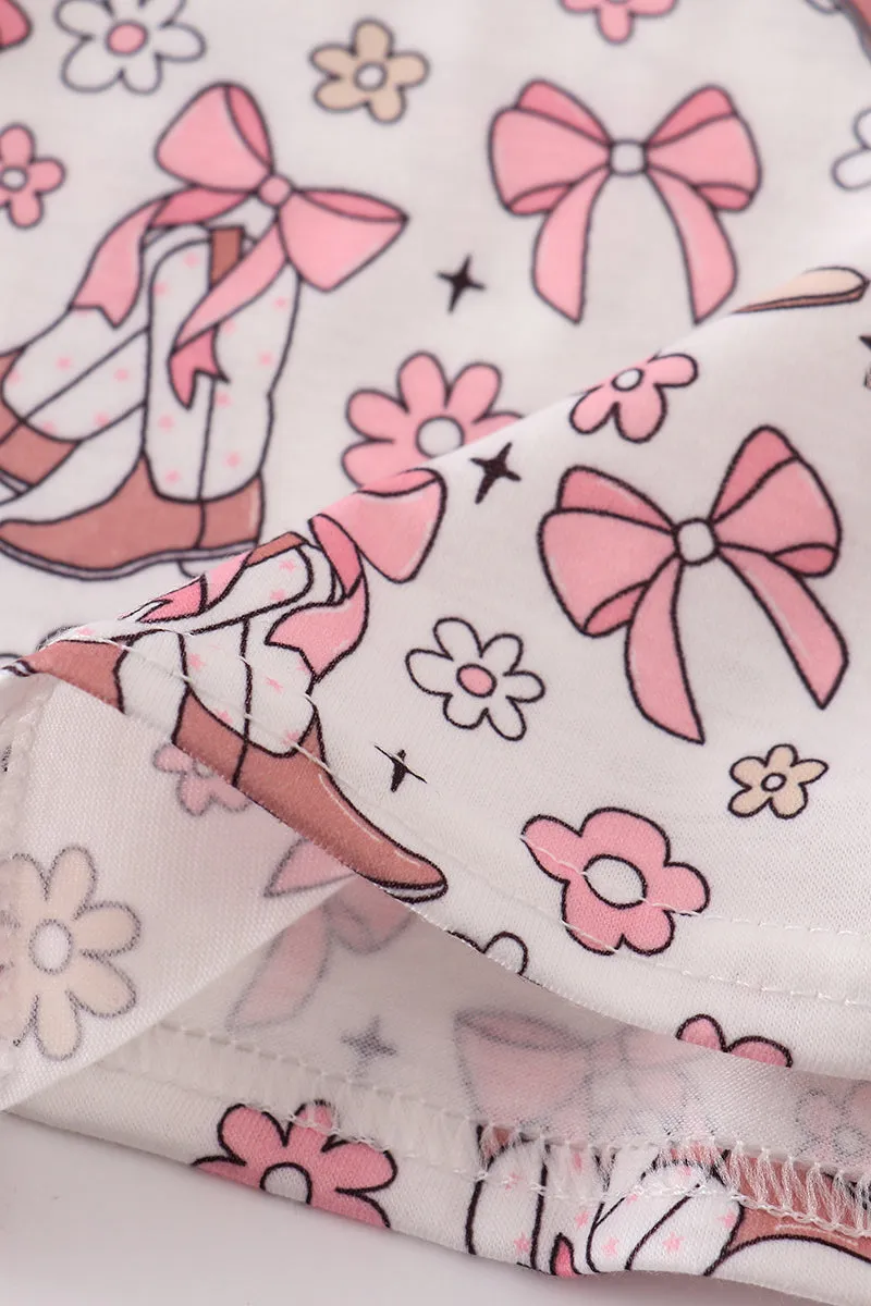 Pink let's go girls boots bow floral smocked shorts set