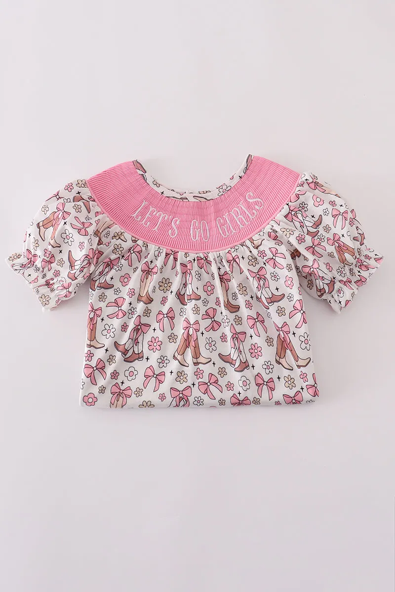 Pink let's go girls boots bow floral smocked shorts set