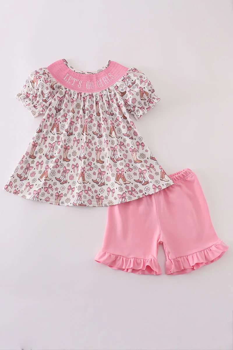 Pink let's go girls boots bow floral smocked shorts set