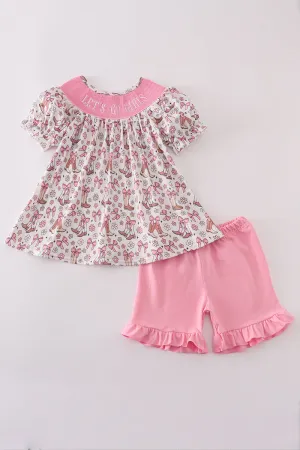 Pink let's go girls boots bow floral smocked shorts set