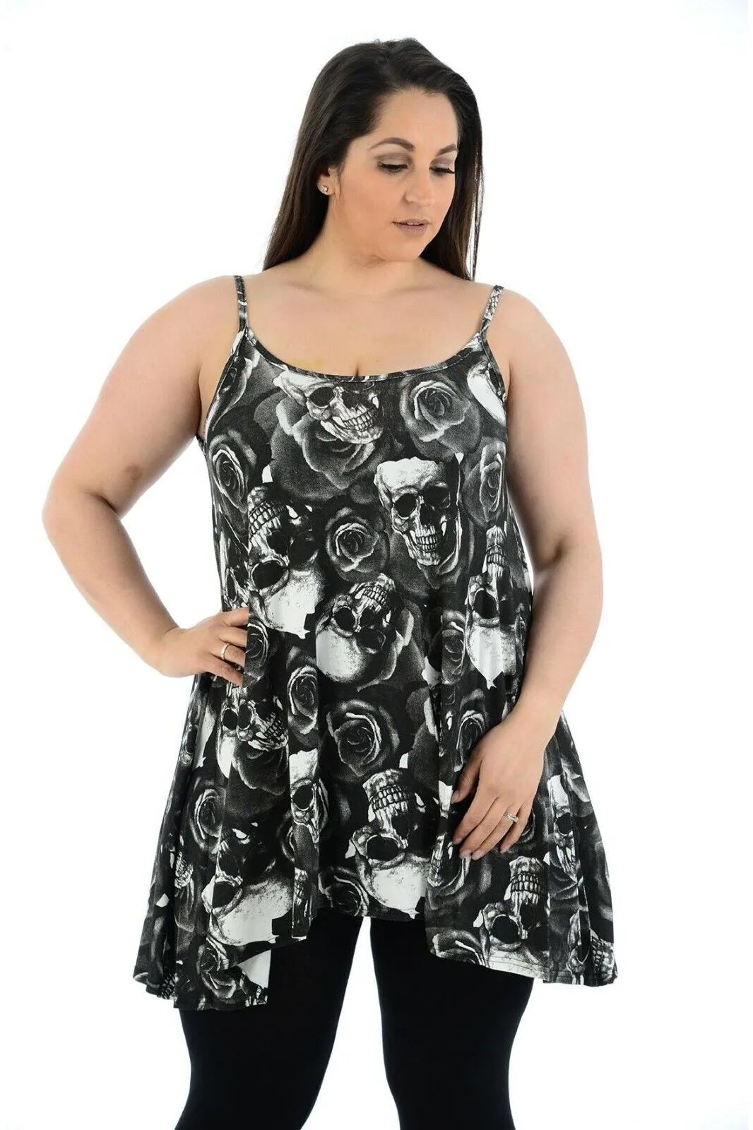 Plus Size Skull Roses Print Strappy Mini Dress Vest Top
