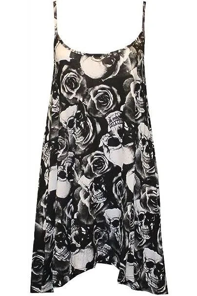 Plus Size Skull Roses Print Strappy Mini Dress Vest Top