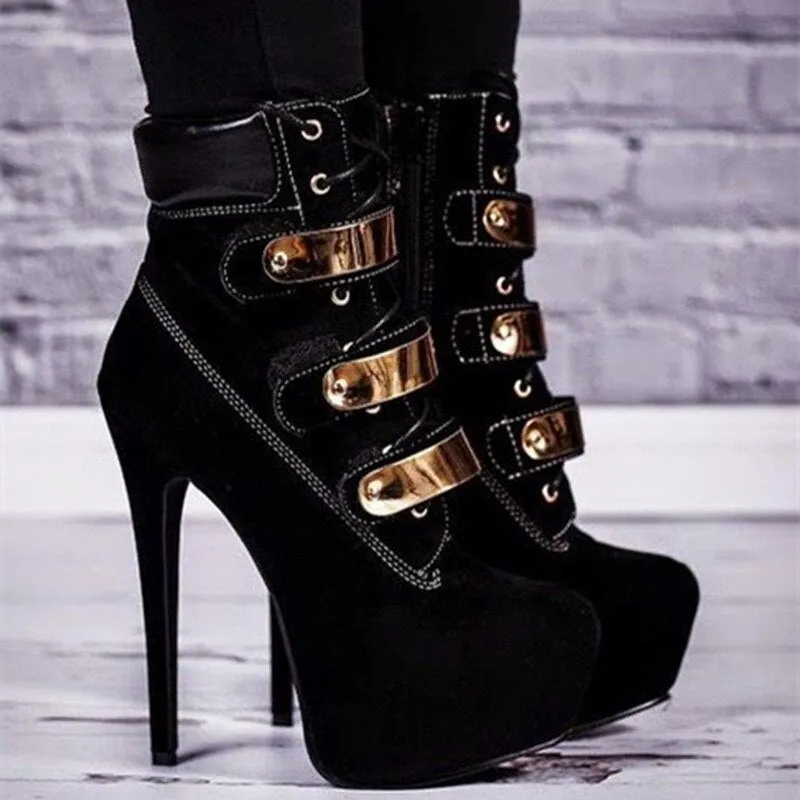 Popular Women Ankle Boots Platform Round Toe Thin High Heel Boots Female Black Shoes Woman Plus Size 4-20