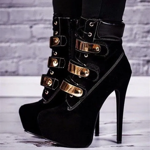 Popular Women Ankle Boots Platform Round Toe Thin High Heel Boots Female Black Shoes Woman Plus Size 4-20