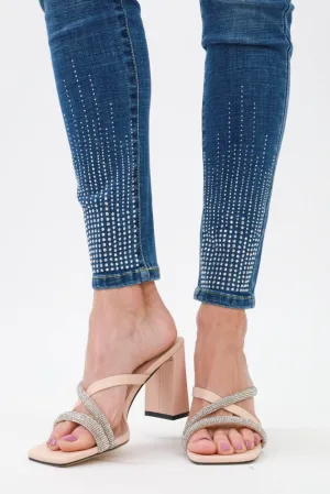Rhinestone Strappy Heels -Nude