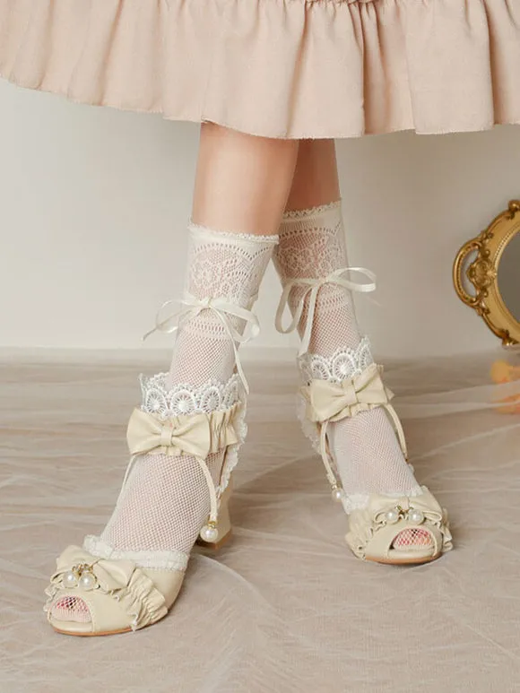 ROCOCO Style Lolita Sandals White Ruffles Pearls PU Leather Peep Toe Lolita Summer Shoes
