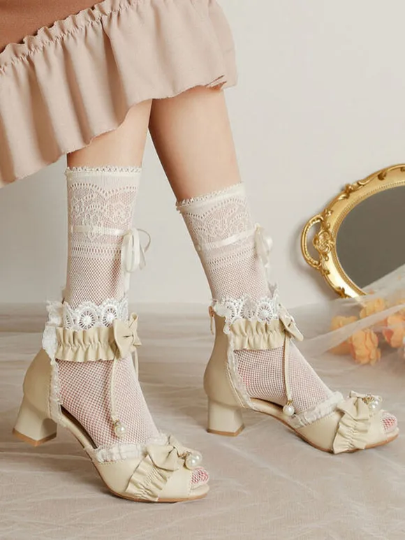 ROCOCO Style Lolita Sandals White Ruffles Pearls PU Leather Peep Toe Lolita Summer Shoes