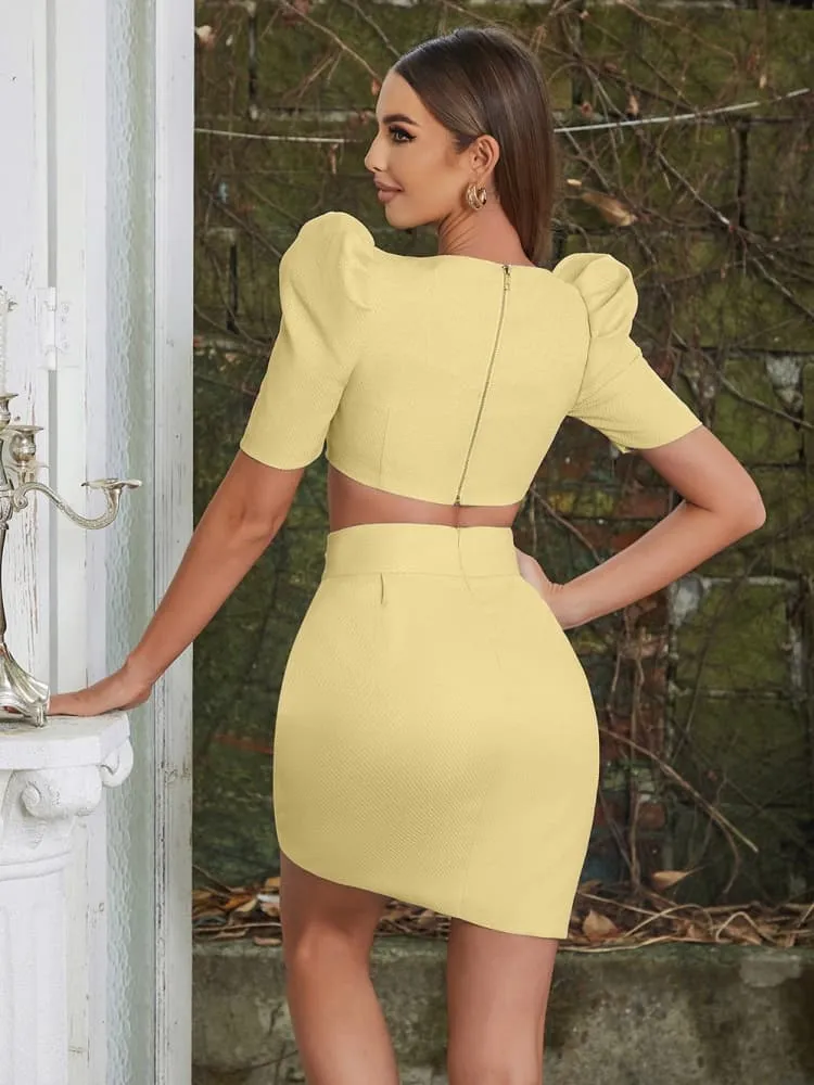 Square Neck Puff Sleeve Skirt Set