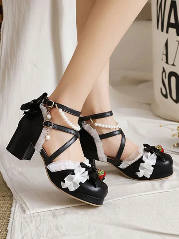 Sweet Lolita Sandals Bows Round Toe Chunky Heel PU Leather Pink Lolita Summer Ankle Strap Heels