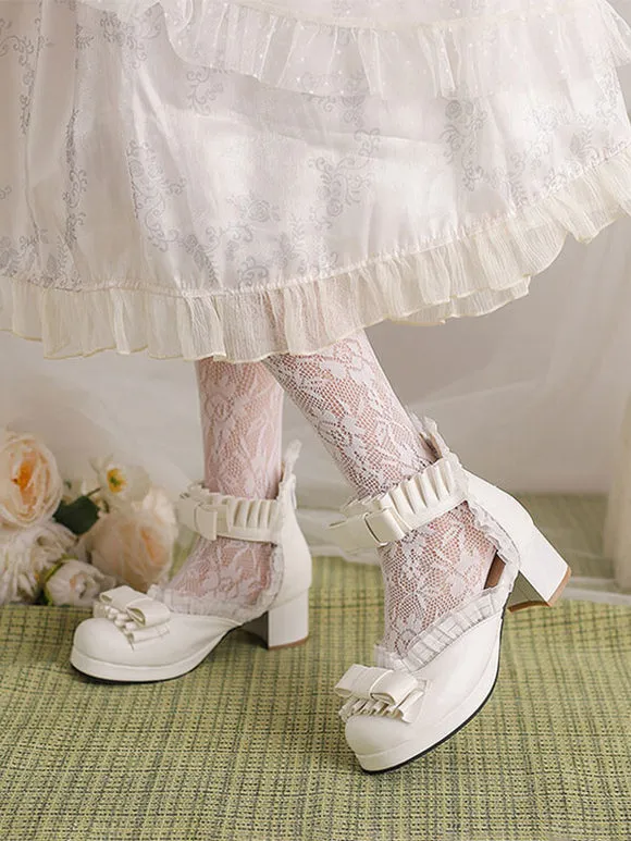Sweet Lolita Sandals Bows Ruffles Round Toe PU Leather White Lolita Summer Shoes