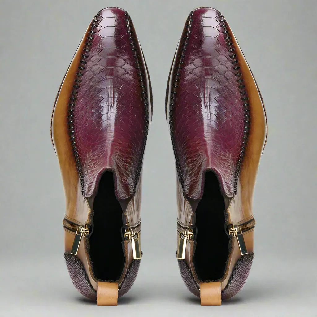 Tan Leather And Burgundy Croc  Draven Zipper Boots - Boots