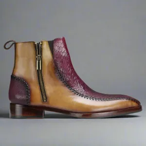 Tan Leather And Burgundy Croc  Draven Zipper Boots - Boots