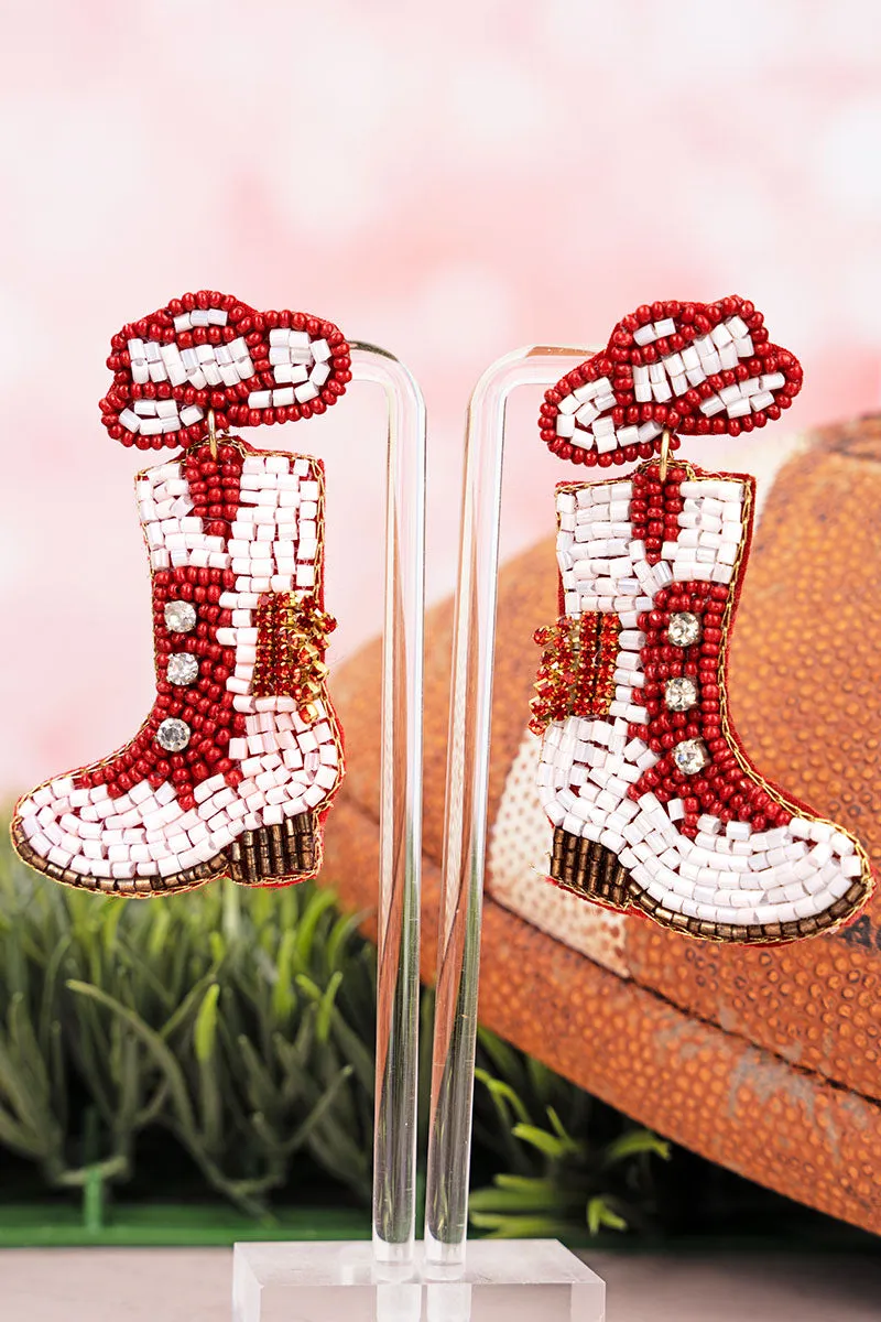 Twirling Into Gameday Burgundy and White Boots Seed Bead Earrings